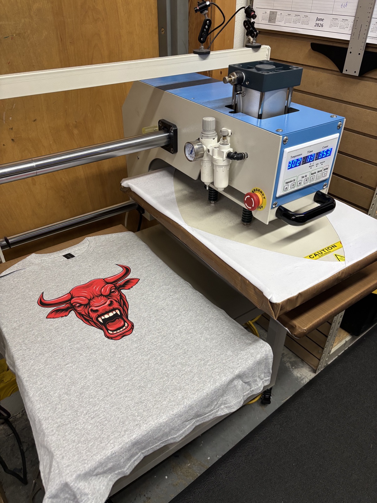 DTF printing dual heat press with bull shirt